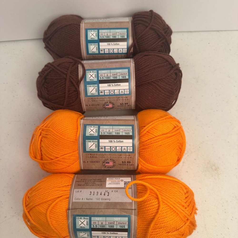 I Love This Cotton Yarn 4 Skeins (2) Brown (2) Glowing Orange 100% Cotton Lot
